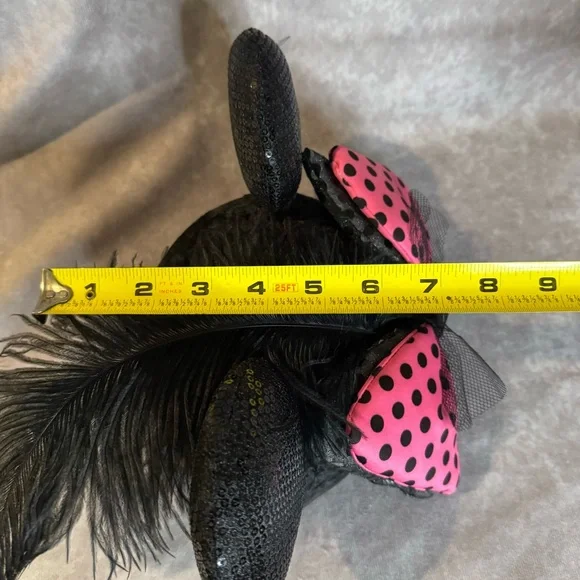 Disney Parks | Minnie Mouse Ears Hat Pink/Black Polka Dot Bows Feather Sequins - Picture 8 of 9